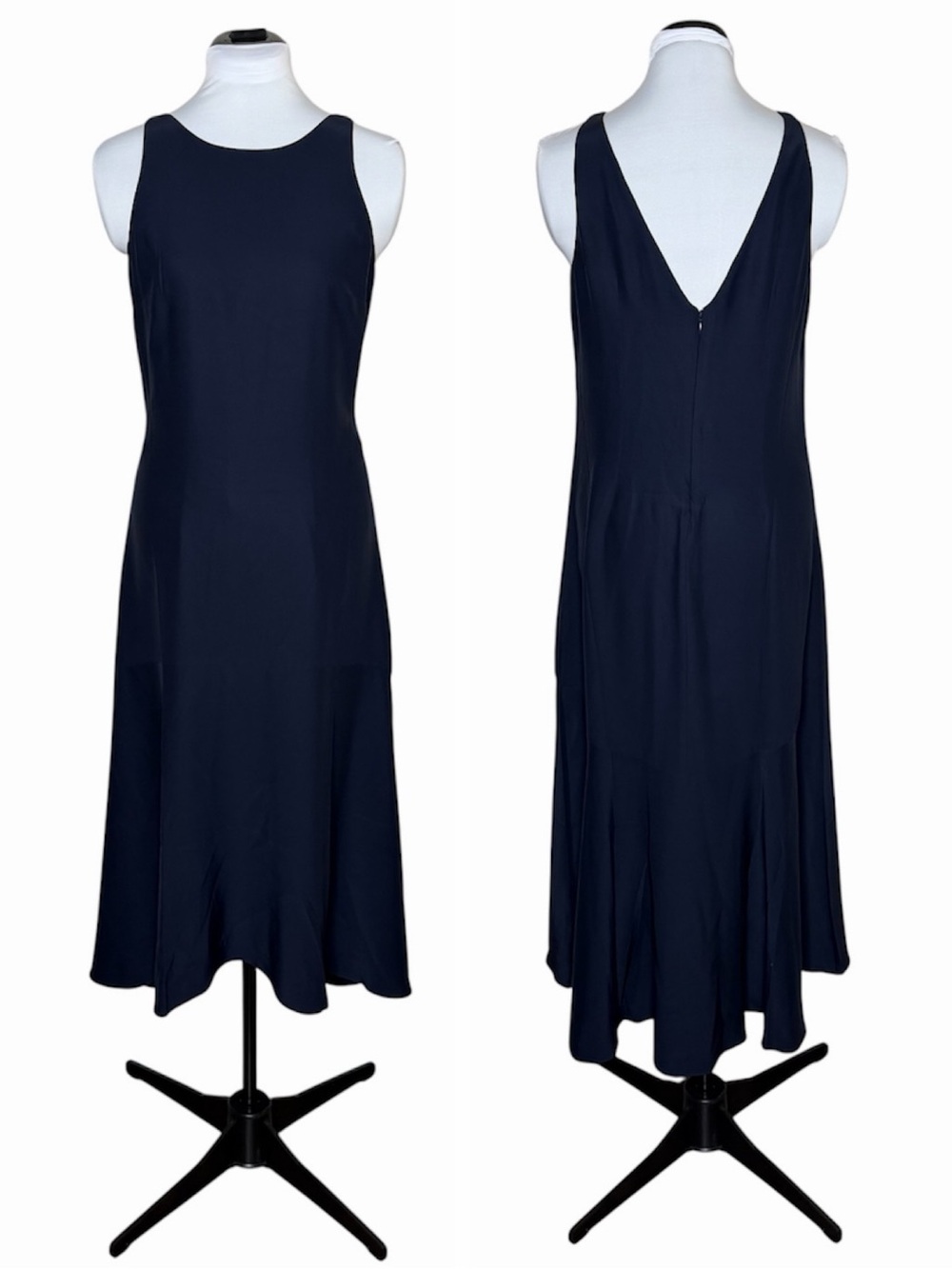 AYR Gallery Maxi Dress Size Small Navy 100% Silk Round Neck V-Back Wedding Guest